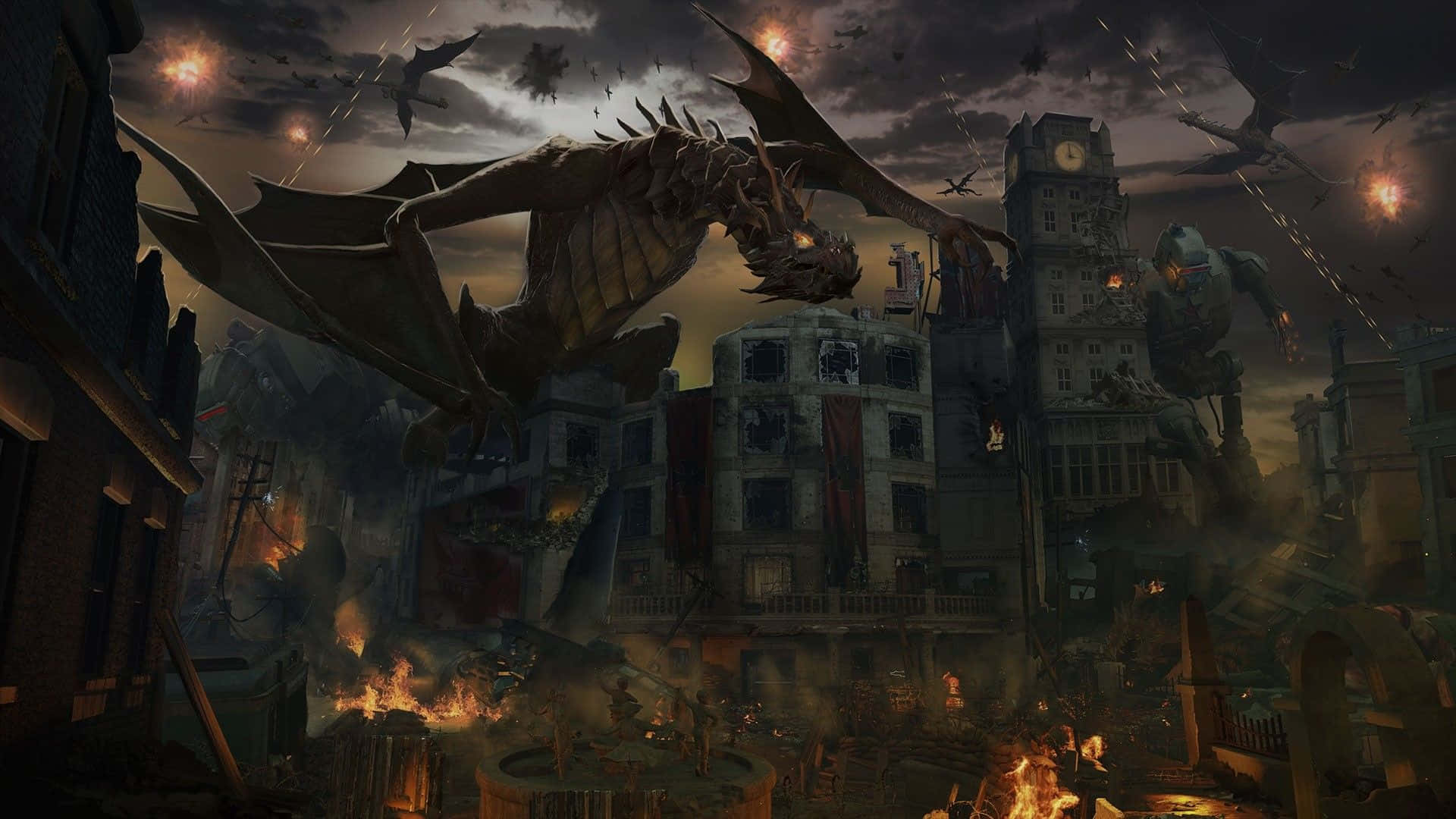 En drage der flyver over en by med ild og flammer Wallpaper