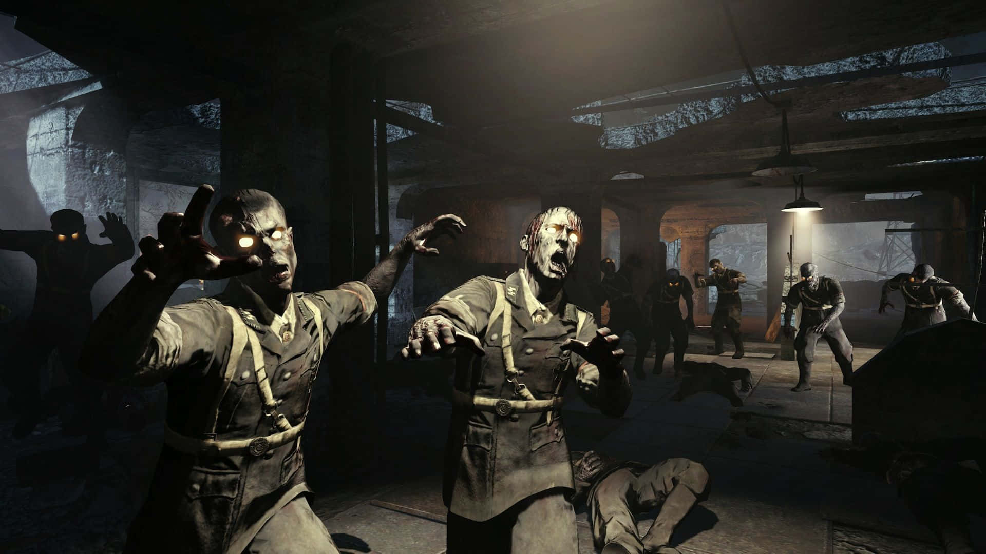 Zombies i et mørkt rum med zombies omkring Wallpaper