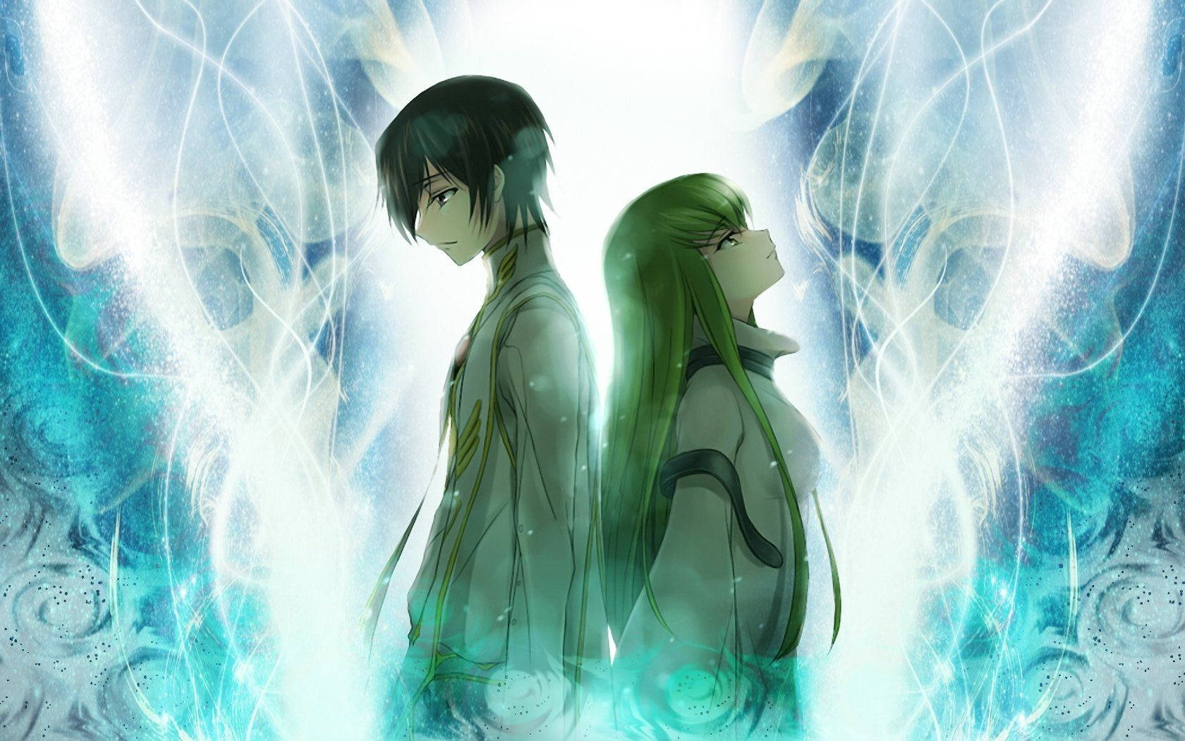 Lelouch and C.C. of Code Geass Wallpaper — Two anime characters stand back to back amidst swirling blue and white energy with glowing particles.