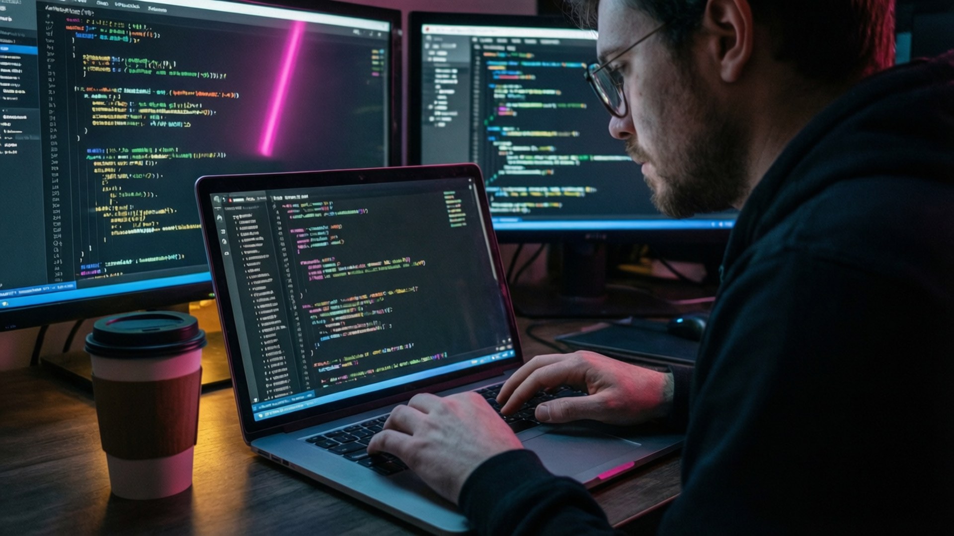 Seorang programmer berkonsentrasi pada coding dengan estetika cyberpunk.