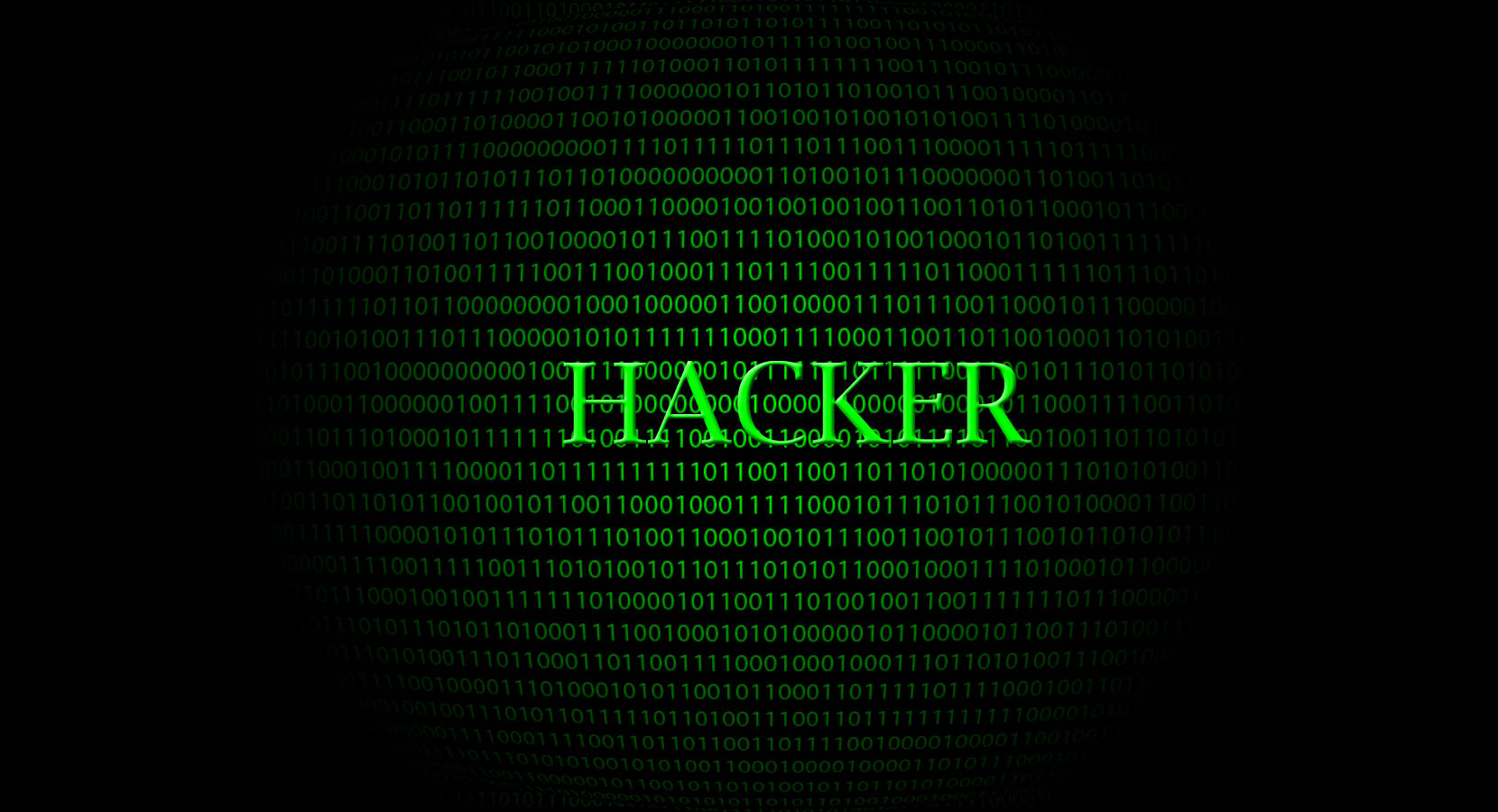 Seize the Digital World Wallpaper — The word hacker glows green against a black background of scrolling binary code.