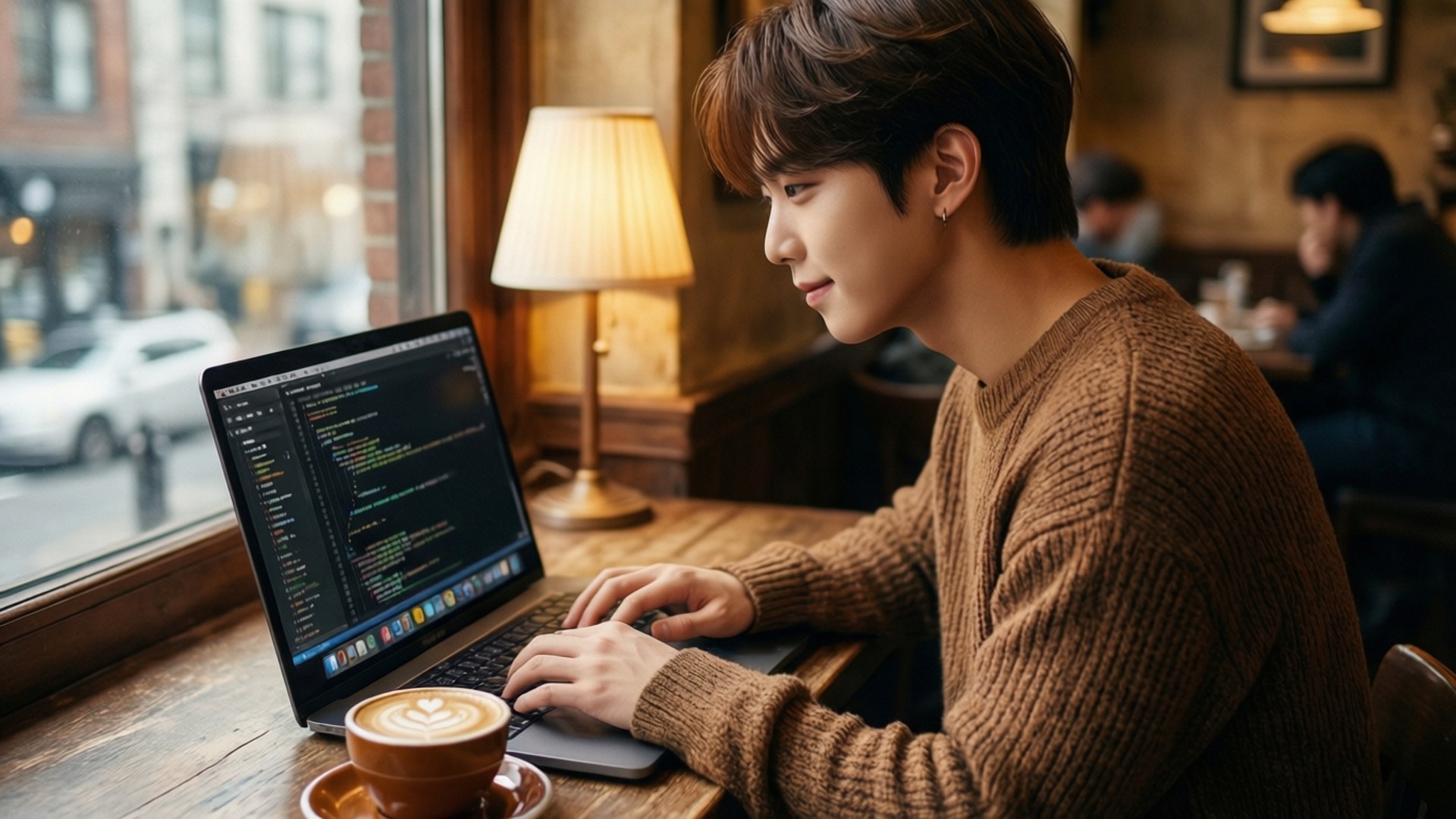 NCT Doyoung arbetar på kod i ett varmt kafé
