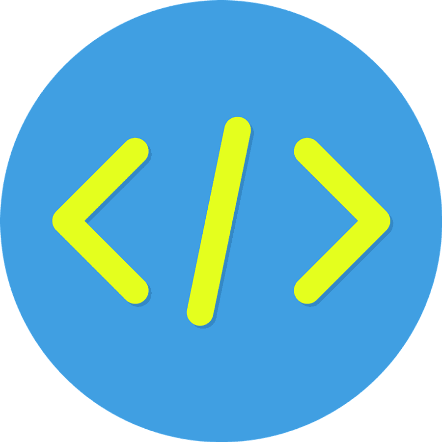 Un symbole de parenthèse de code jaune vif centré sur un fond circulaire bleu.
