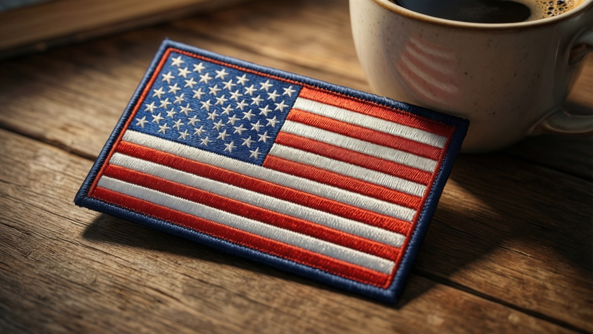 Tambalan bendera Amerika di meja dengan cangkir kopi.