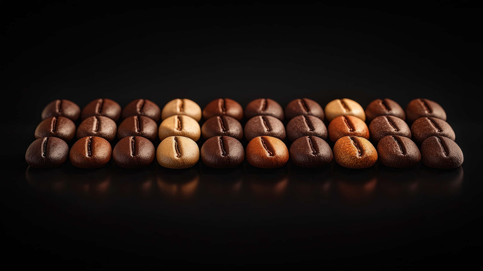 Coffee Beans Arranged In Rows Showing Different Roasting Levels On Dark Background Wallpaper