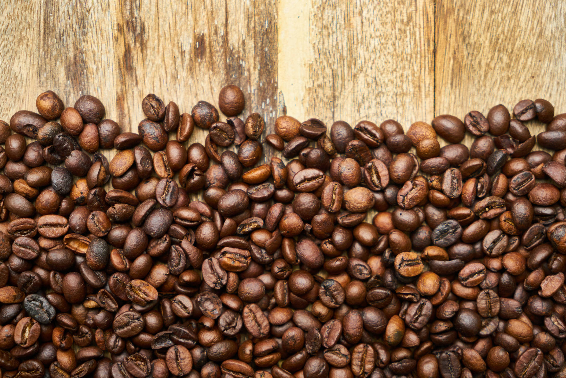 Coffee Beans Wood Surface Wallpaper