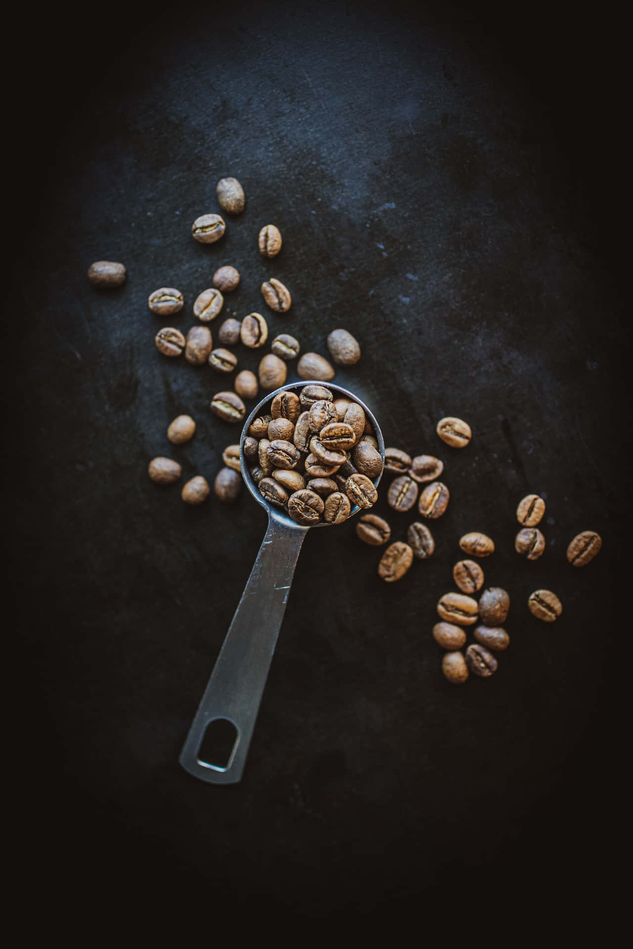 Coffee Beansin Metal Spoon Dark Background Wallpaper
