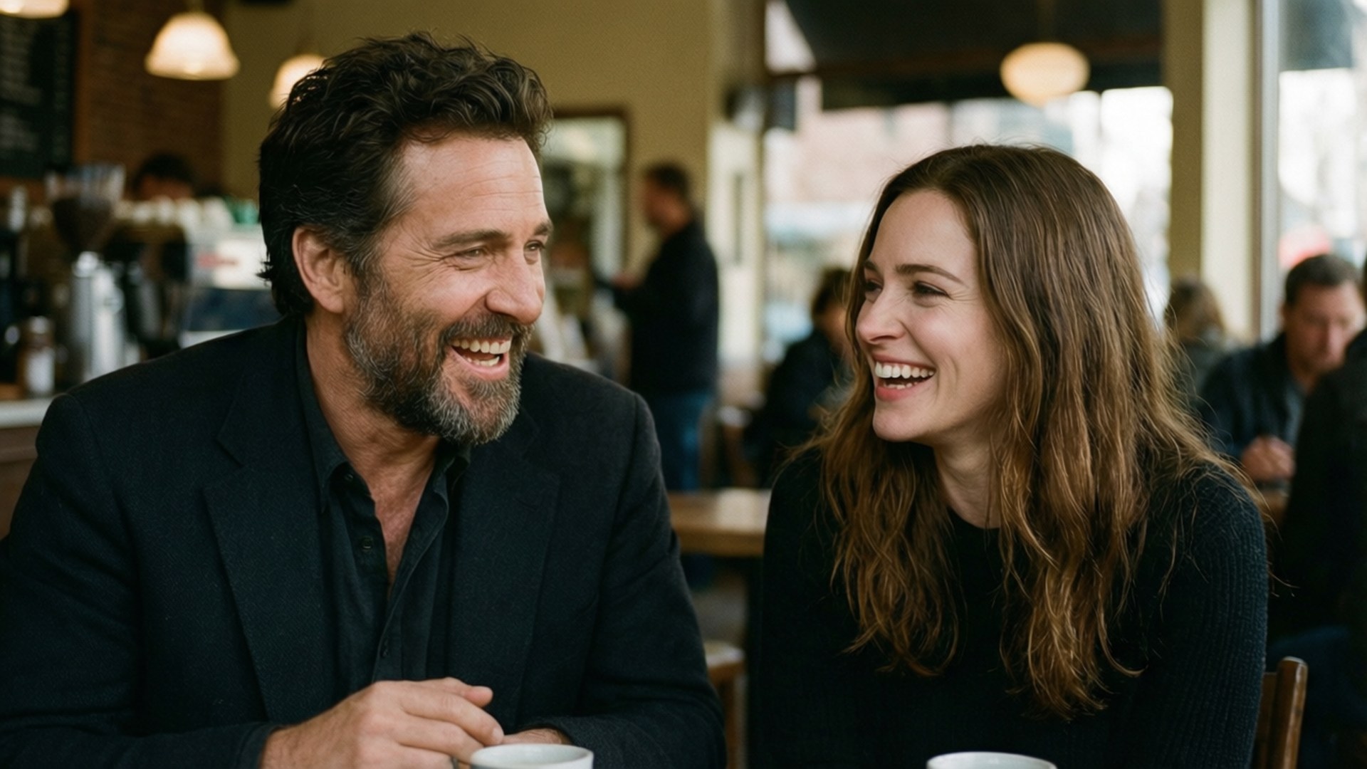 Een spontaan moment van Mark Ruffalo en Rachel McAdams die lachen in een koffiehuis.