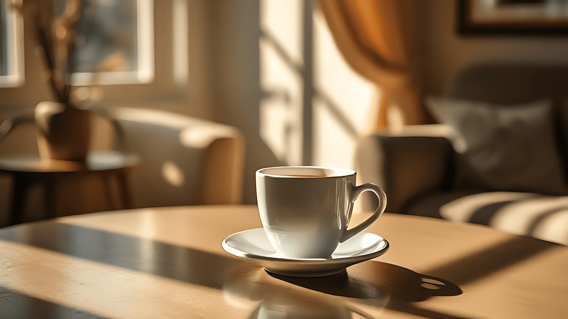 Coffee Cup And Saucer On Table With Sunlight Shadows Wallpaper