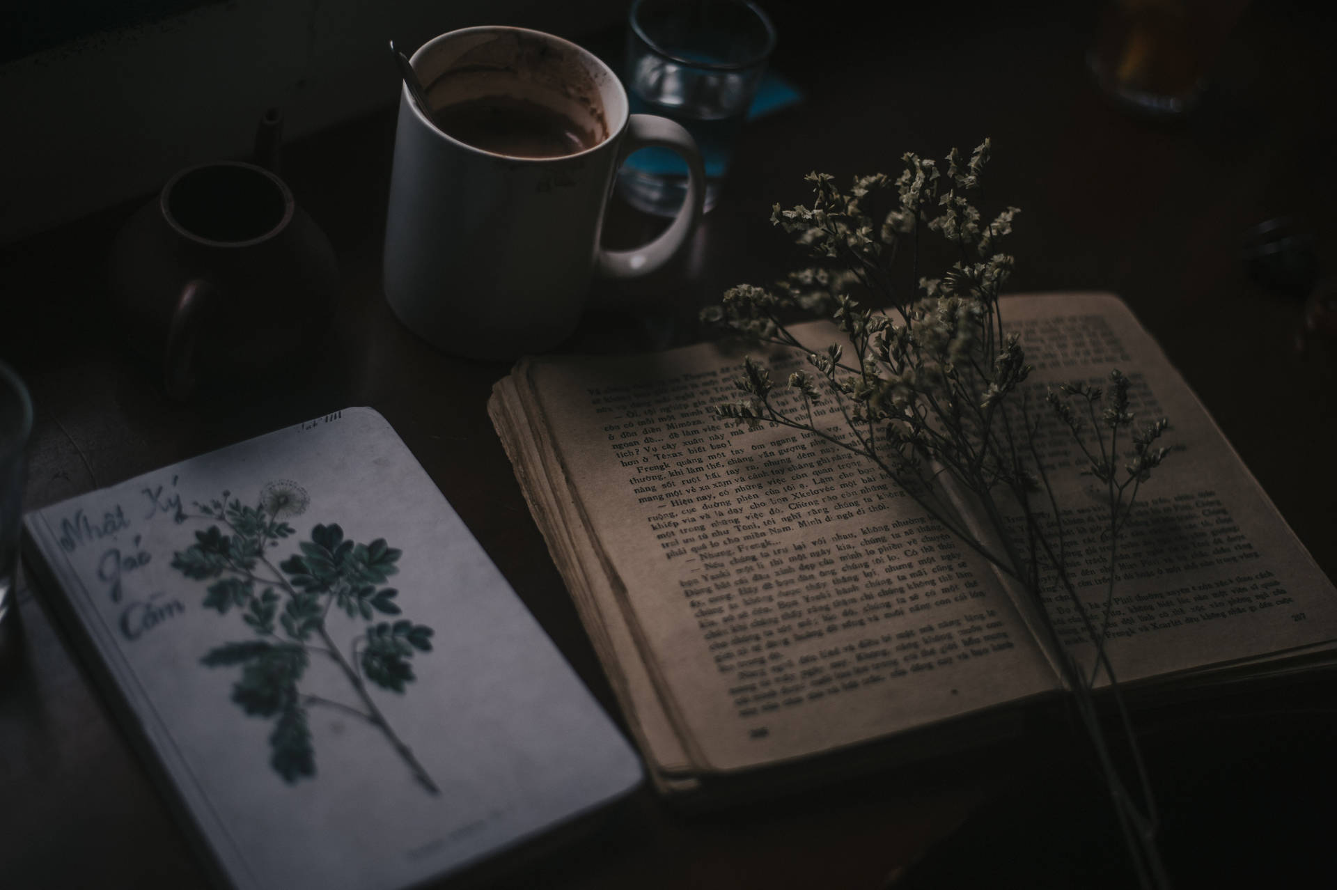 Coffee, Flowers, And Books Dark Academia Desktop Wallpaper