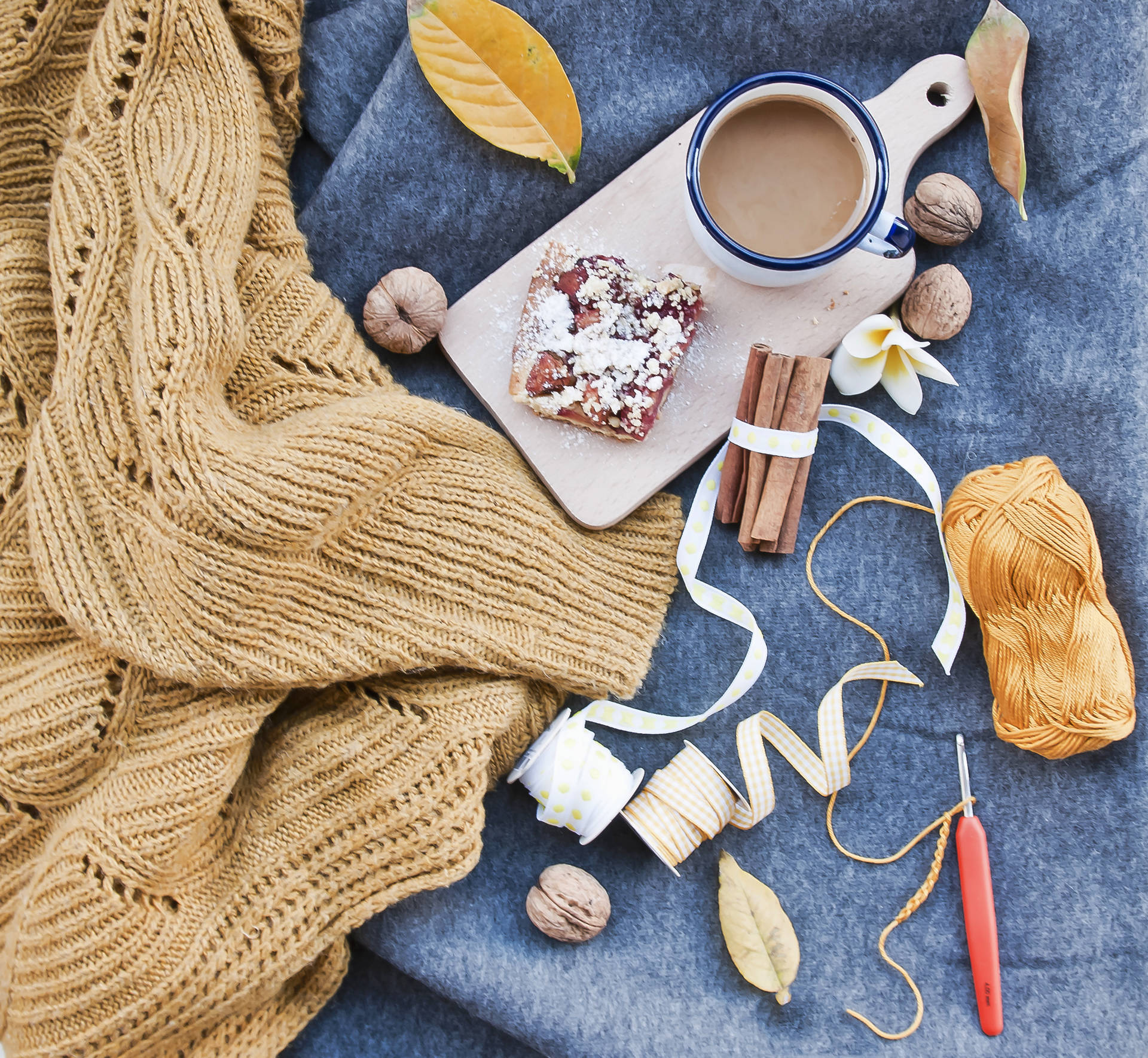 Coffee picnic on autumn top view wallpaper.