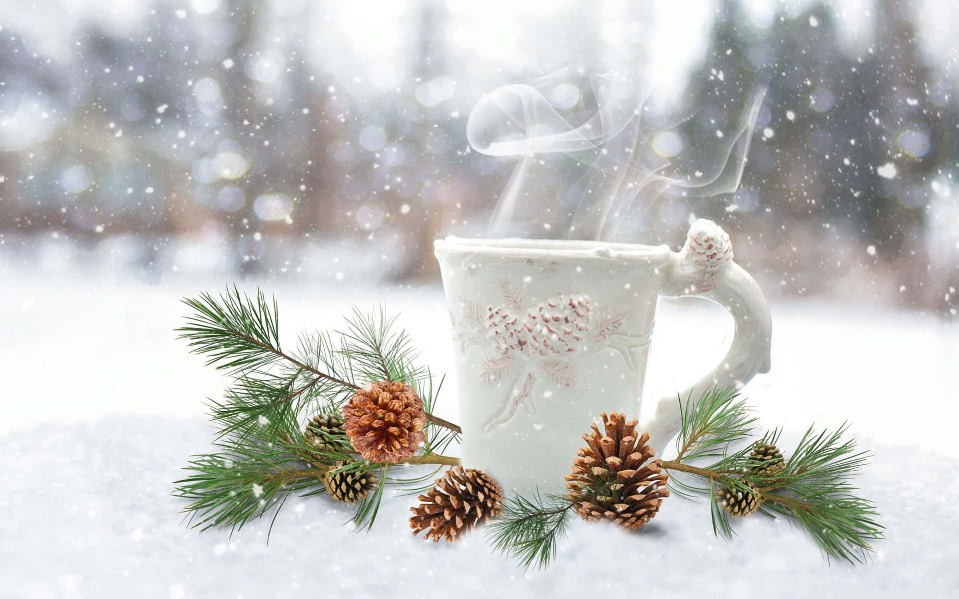 Coffee, Pine Cones Cozy Winter Aesthetic Focus Photography Wallpaper
