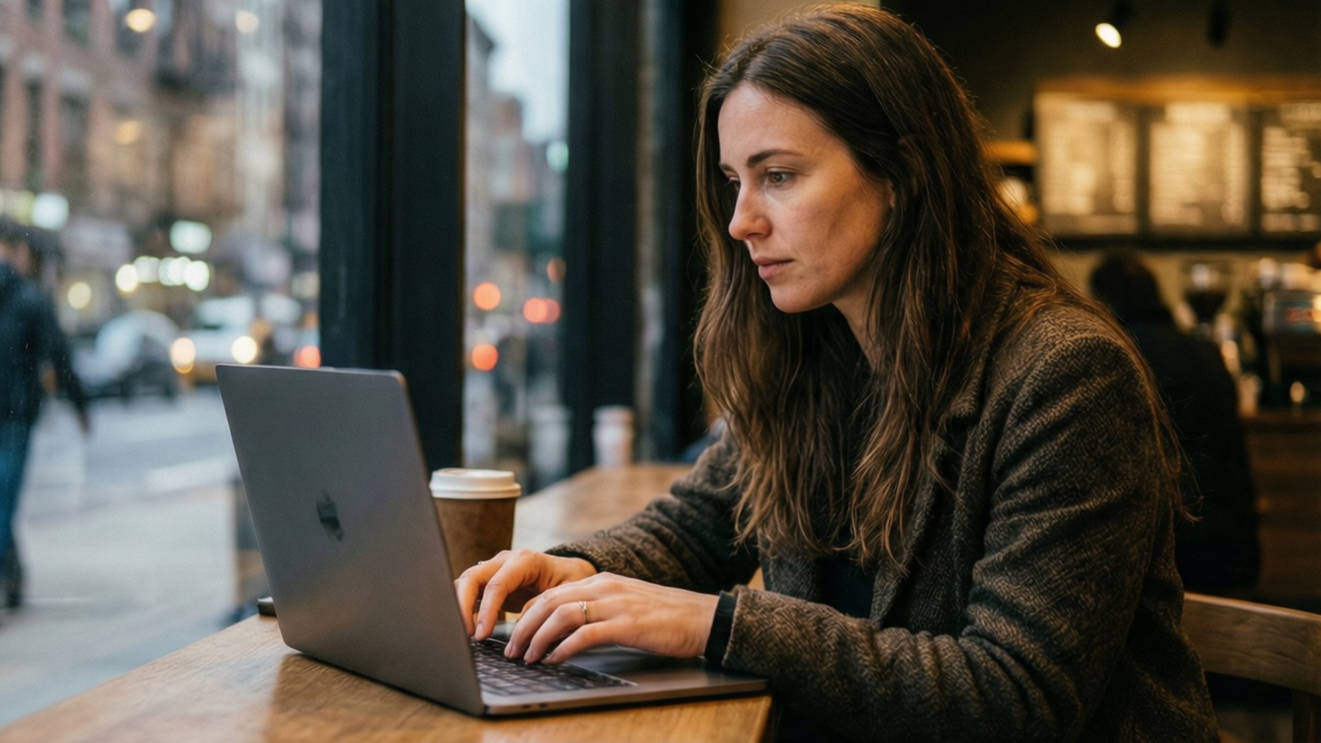 Kaffebutikskodare Bakgrundsbilder — En kvinna arbetar på en bärbar dator i ett mysigt kafé med varma bokeh-ljus i bakgrunden.