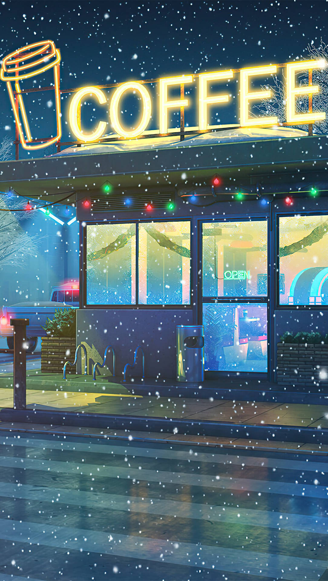Coffee Shop During Winter Wallpaper