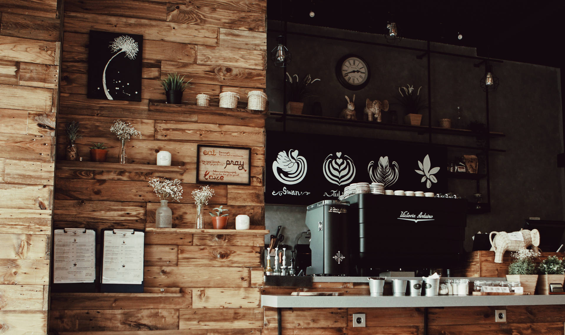 Coffee Shop With Black Shelves Wallpaper