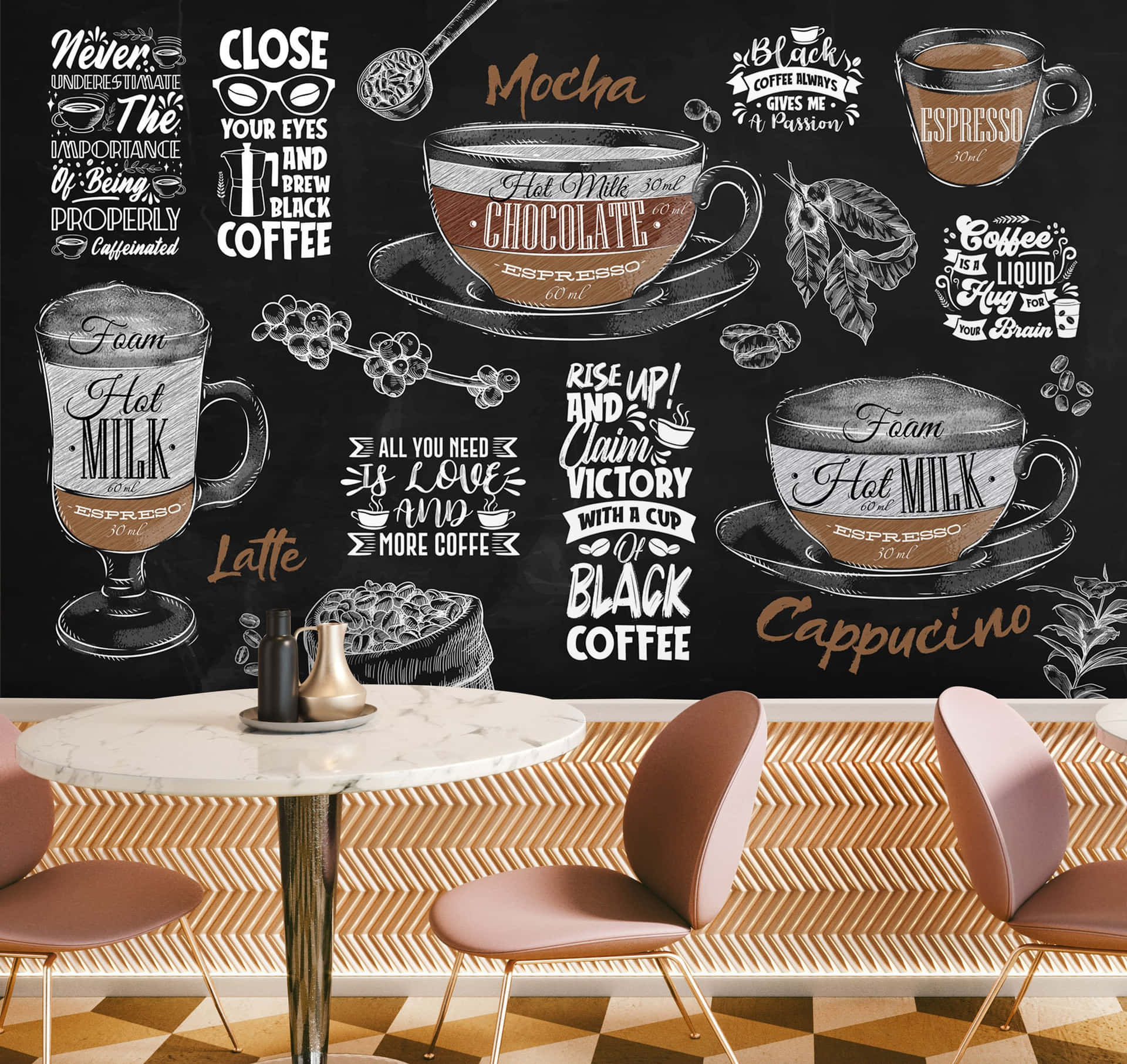 Coffee Themed Wall Art Cafe Interior Wallpaper