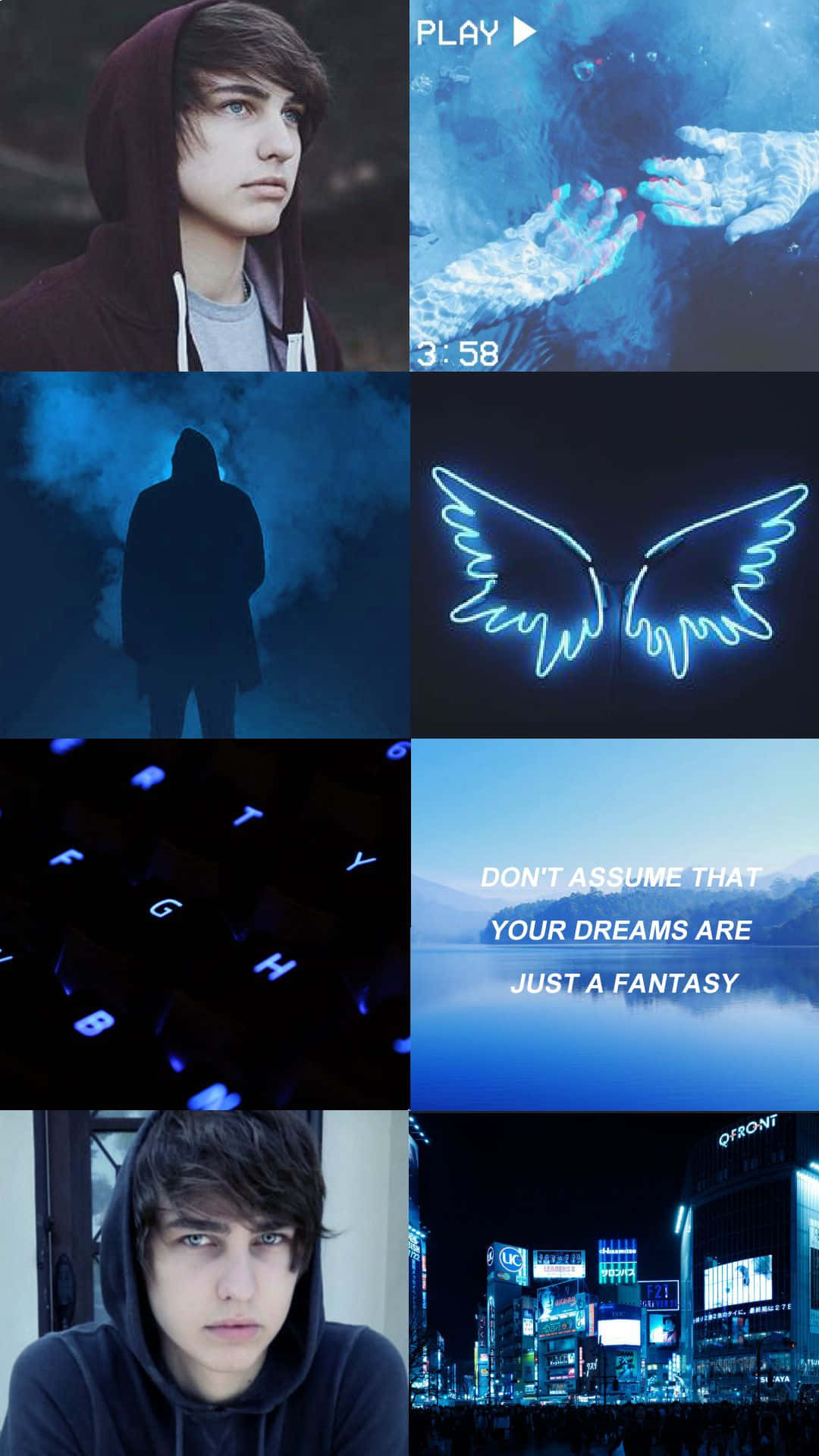 A Collage Of Images With Blue Lights And A Man With Wings Wallpaper