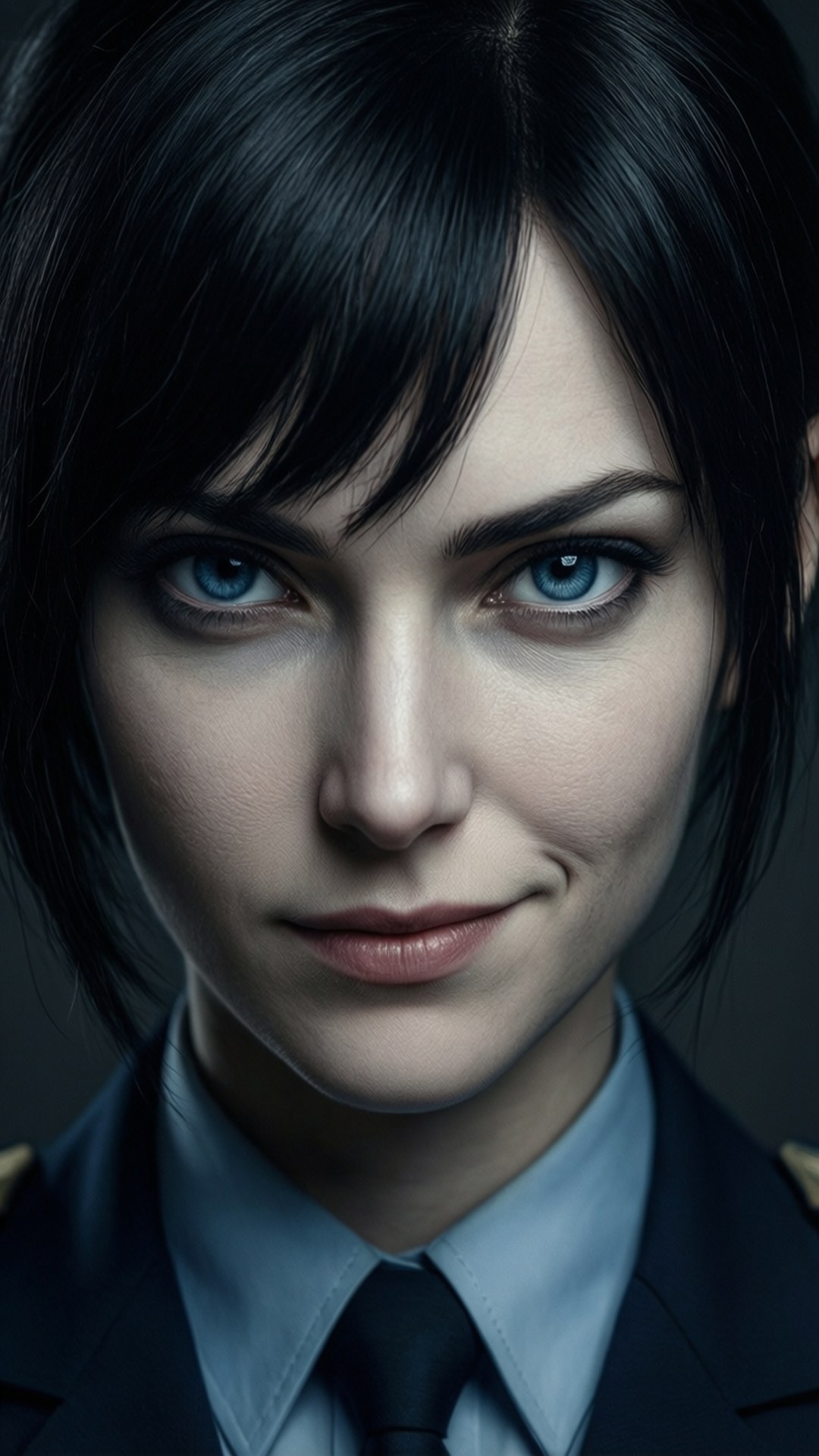 Intense close-up of Lady Une with a calculating gaze.