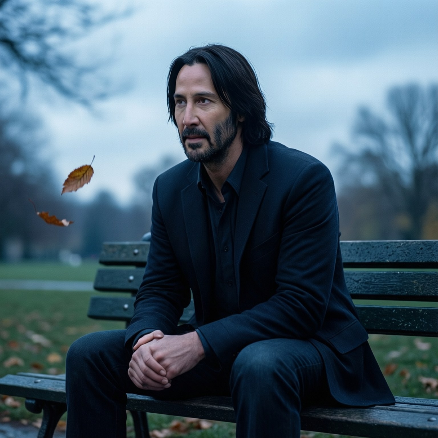 Keanu Reeves på en bænk, overskyet himmel, blå toner, minimalistisk trist komposition.