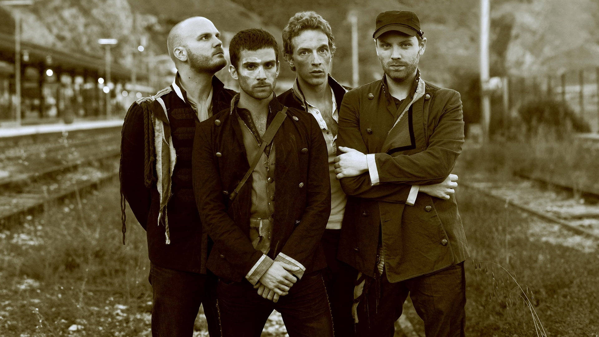 Coldplay Members Sepia Train Track Background