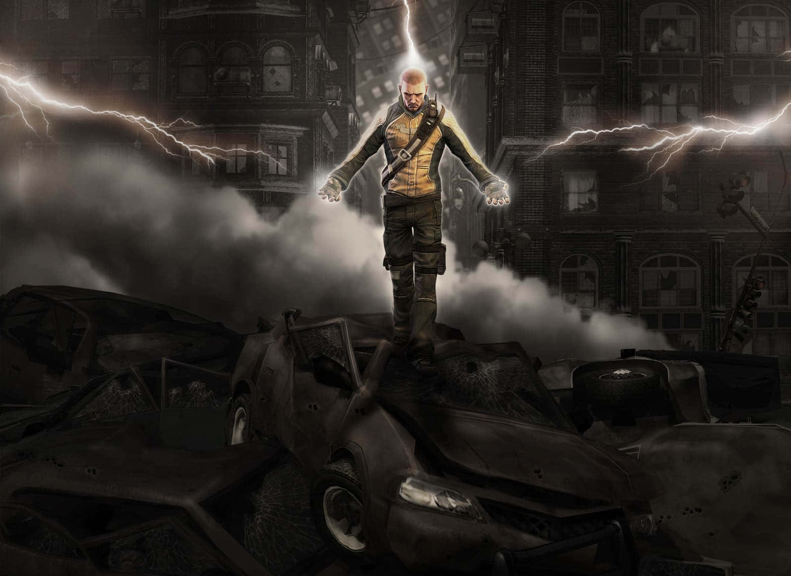 Cole Macgrath Standing At A Car In Infamous Wallpaper