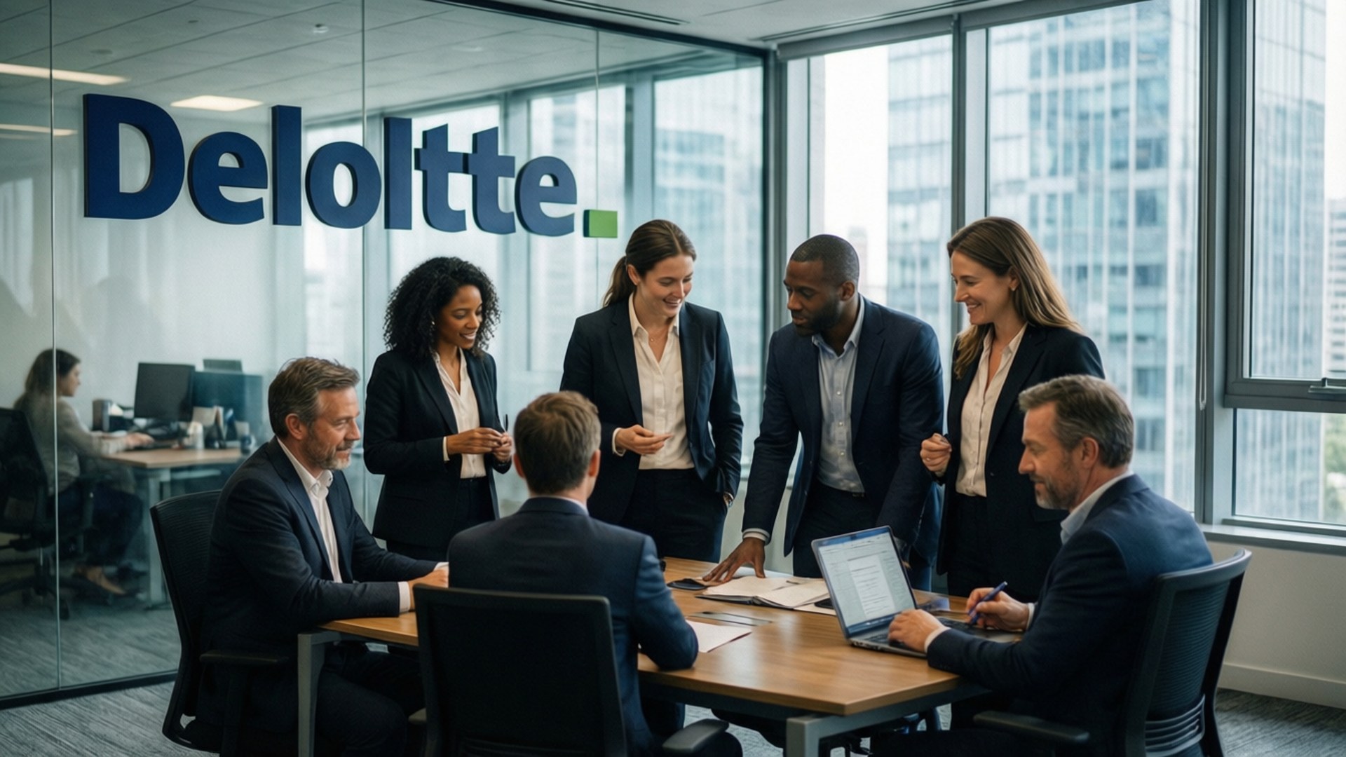 Six business professionals in suits collaborating around a conference table in a modern office with Deloitte branding.