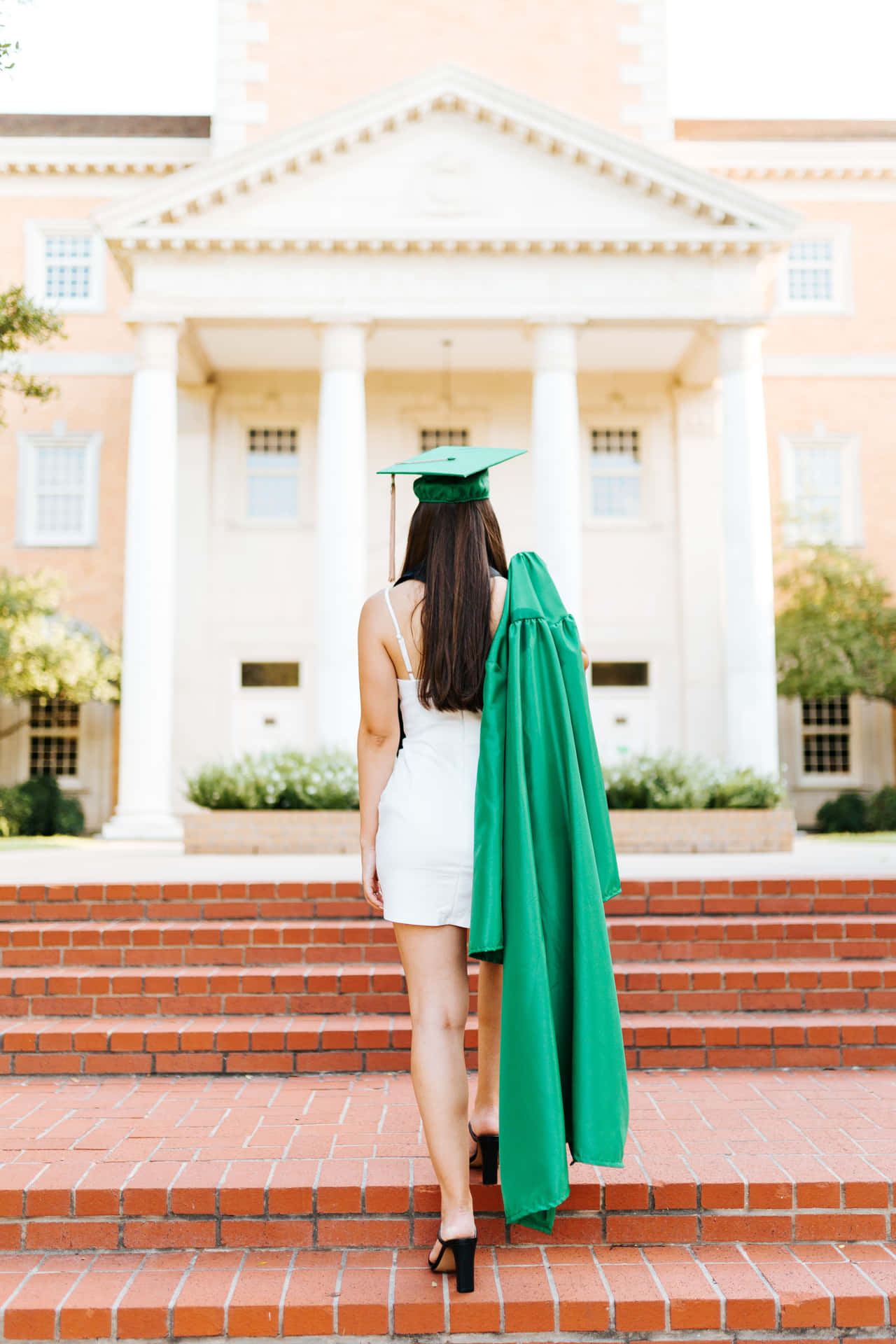 A Woman In A Green Gown Walking Down Steps
