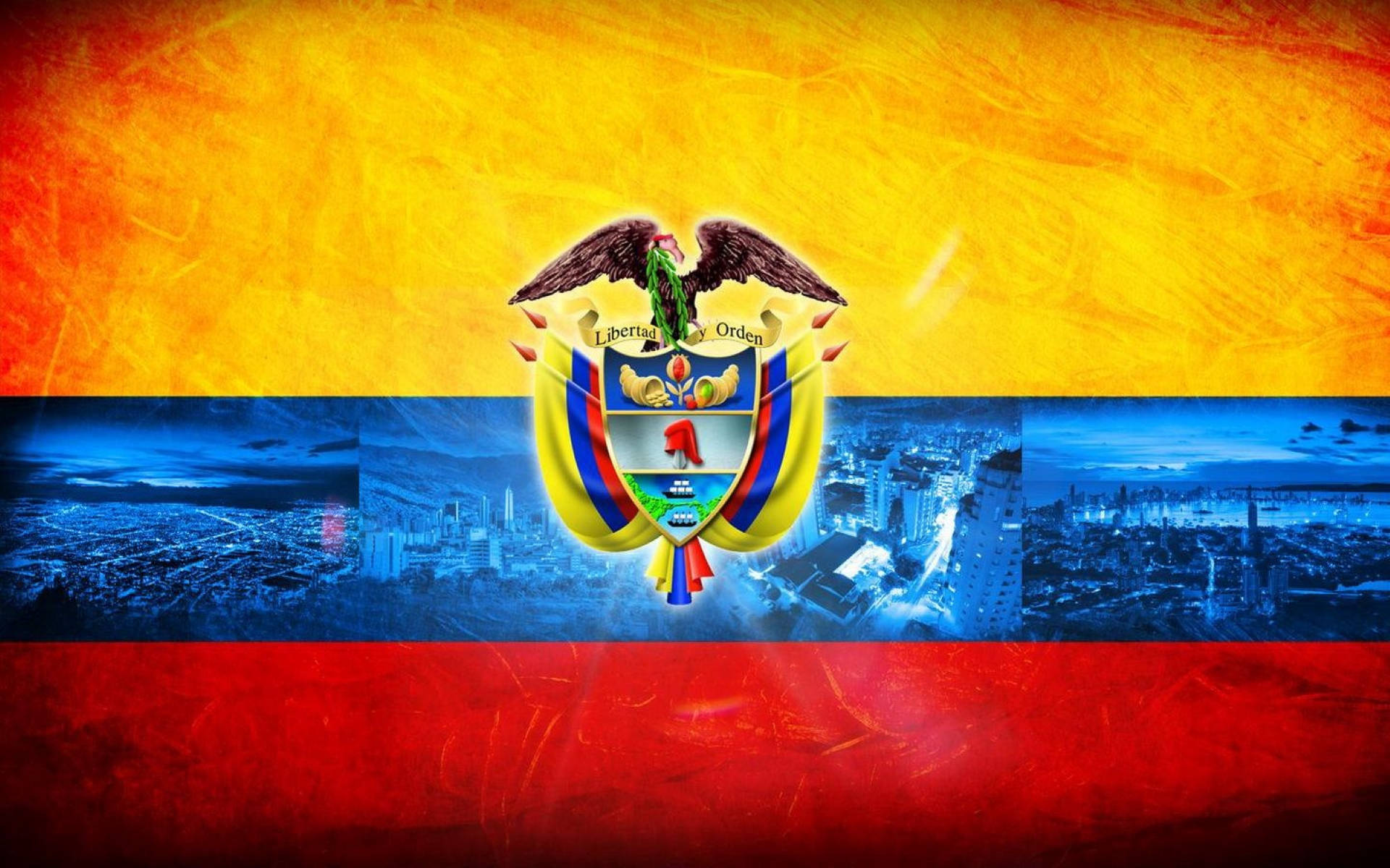 Vibrant Colombian Flag with Coat of Arms Wallpaper