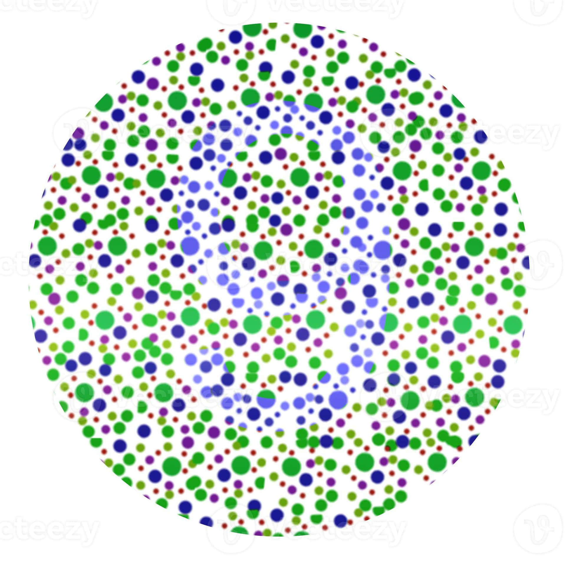 En cirkel med grønne, blå og lilla prikker