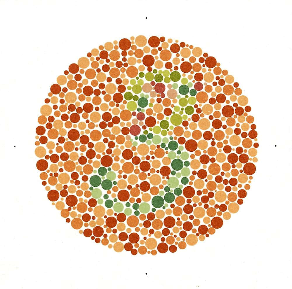 En farvekort med orange, grønne og gule prikker