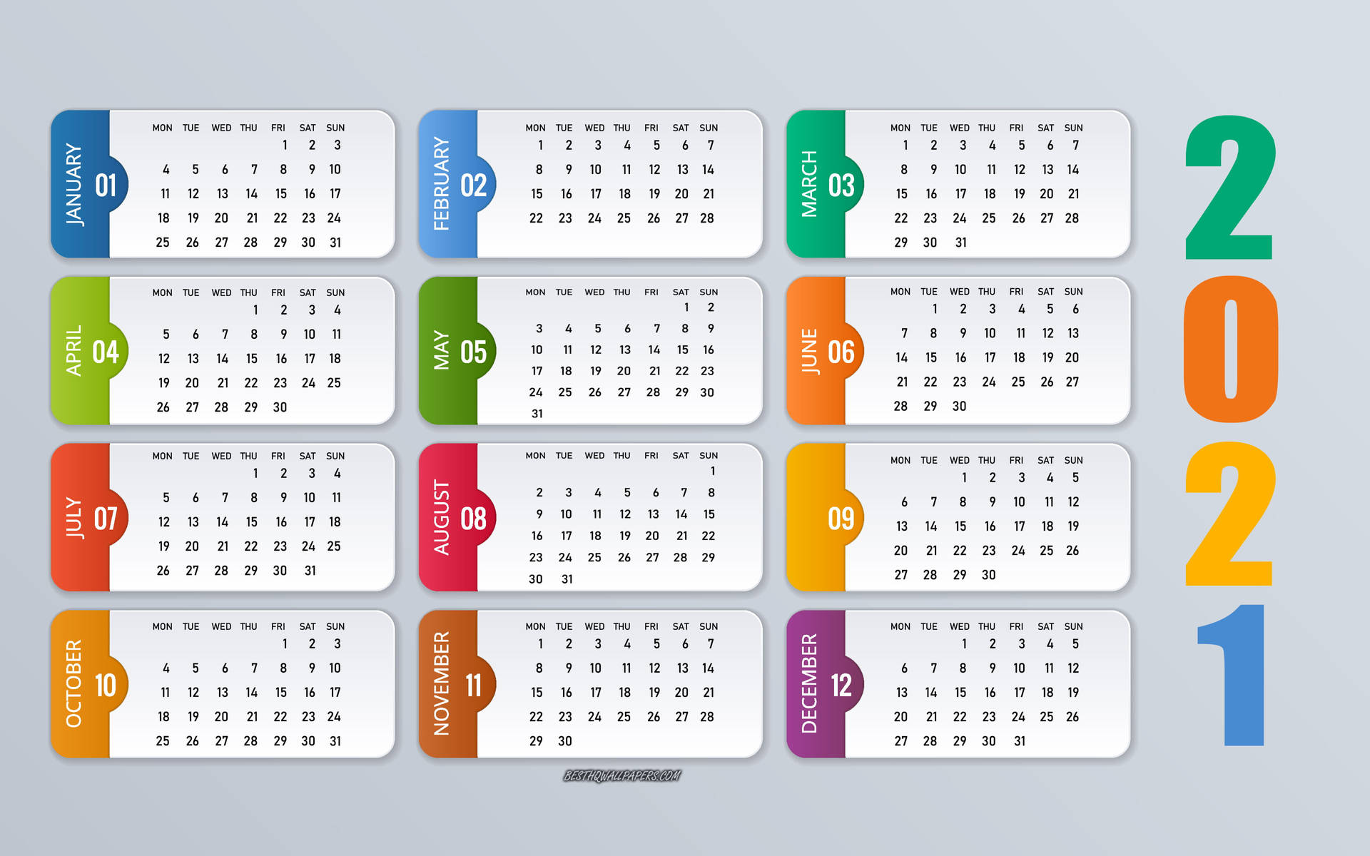 Farbkodiertermonatlicher Desktop-kalender Für 2021 Wallpaper