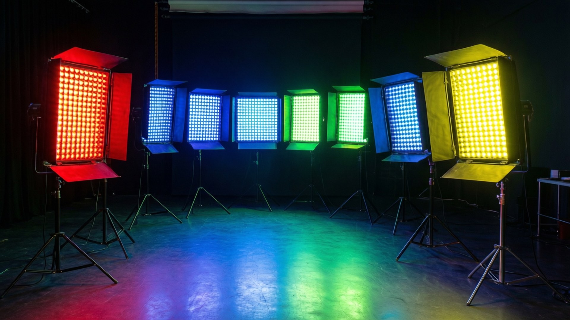 Multiple LED panels with color gels creating a vibrant studio scene.