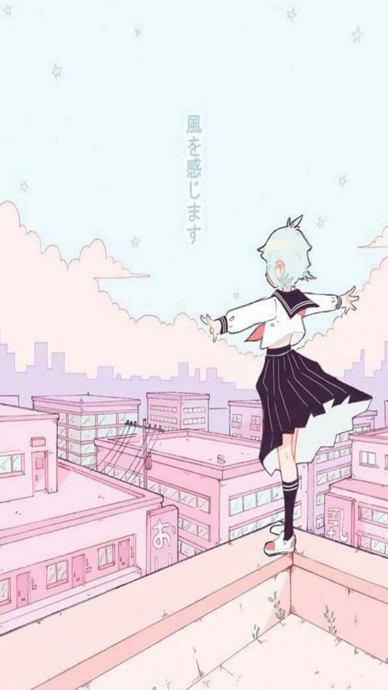 A Girl Is Standing On A Rooftop With A Pink Sky Wallpaper