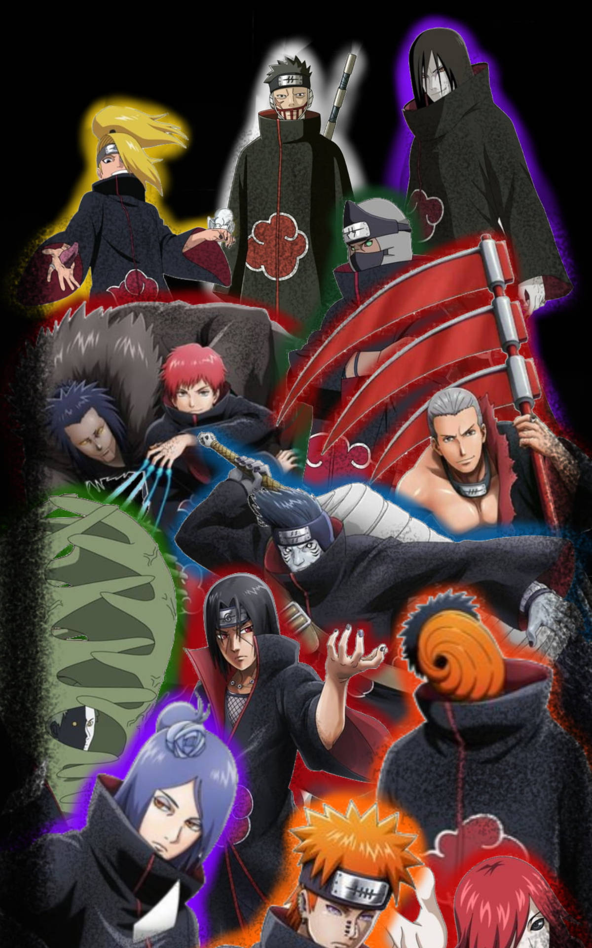Pantalladel Teléfono Con Ninjas De Akatsuki En Color. Fondo de pantalla
