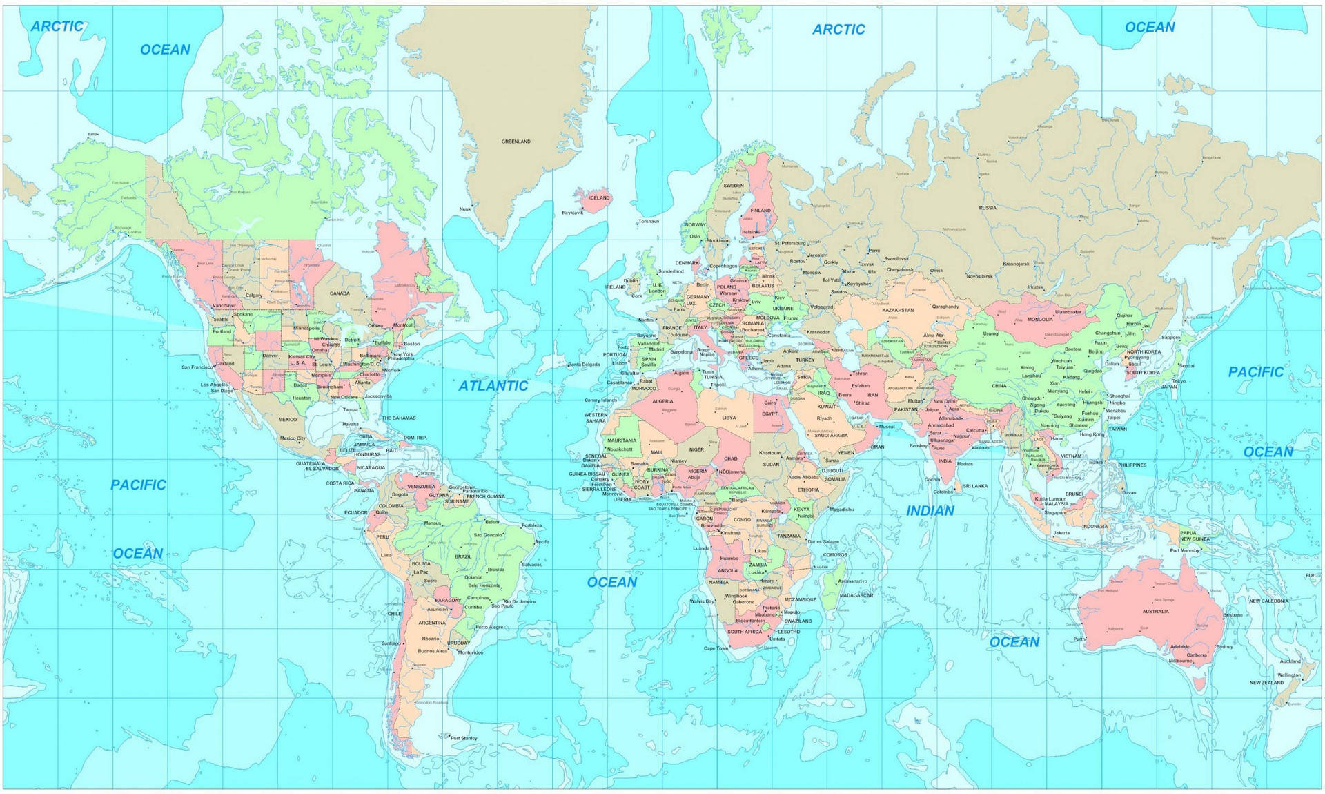 Colored World Map With Grids