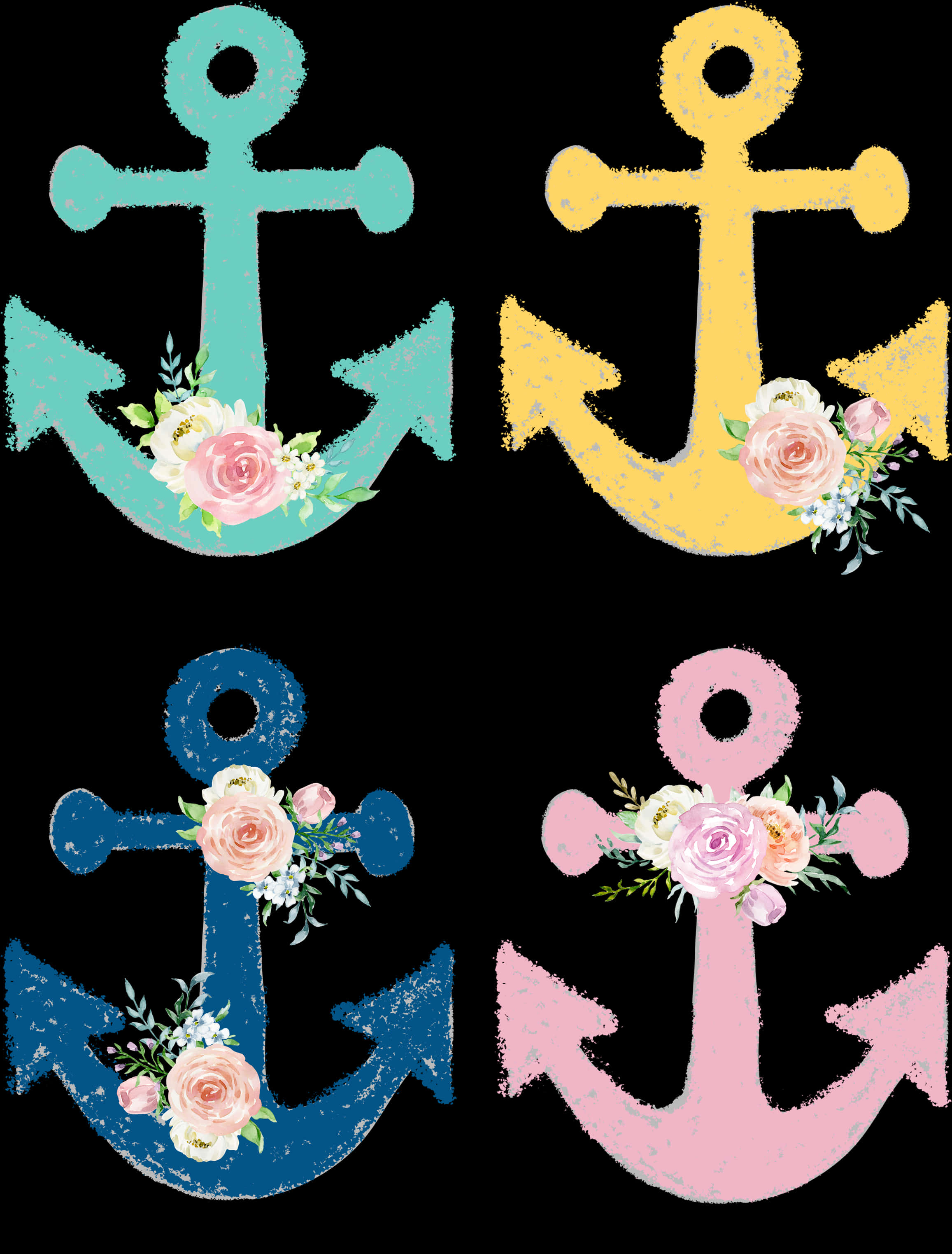 Colorful Anchorswith Floral Decorations PNG
