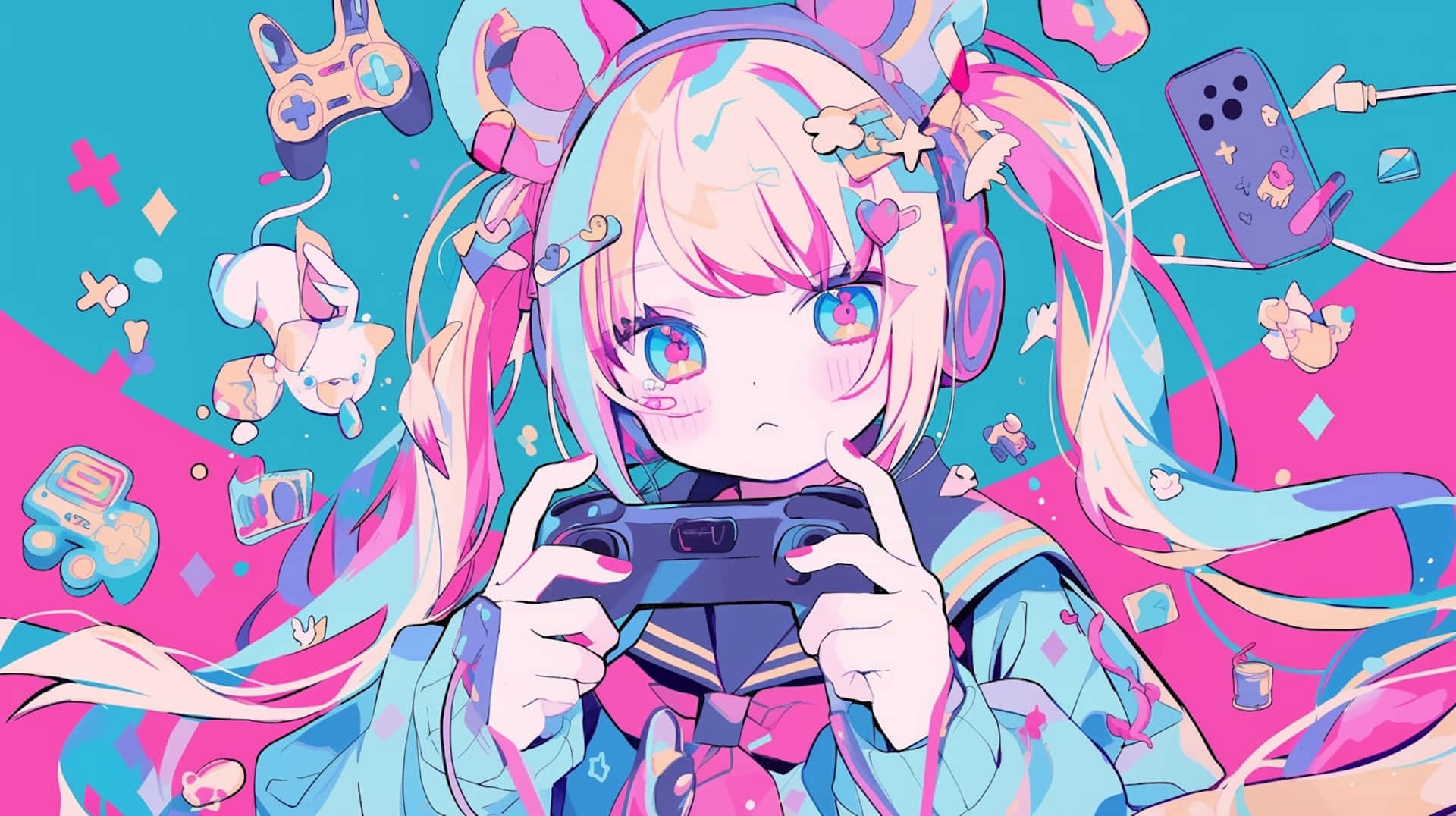 Colorful Anime Gamer Girl Illustration Wallpaper