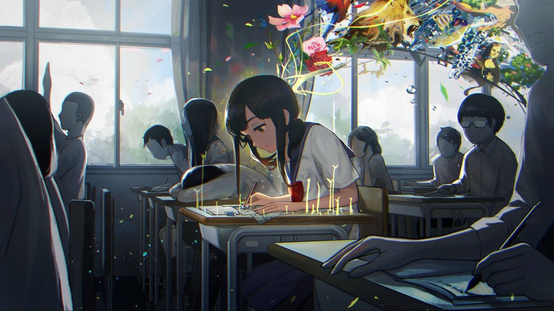 Farveriganime Pige I En Anime-klasseværelse. Wallpaper