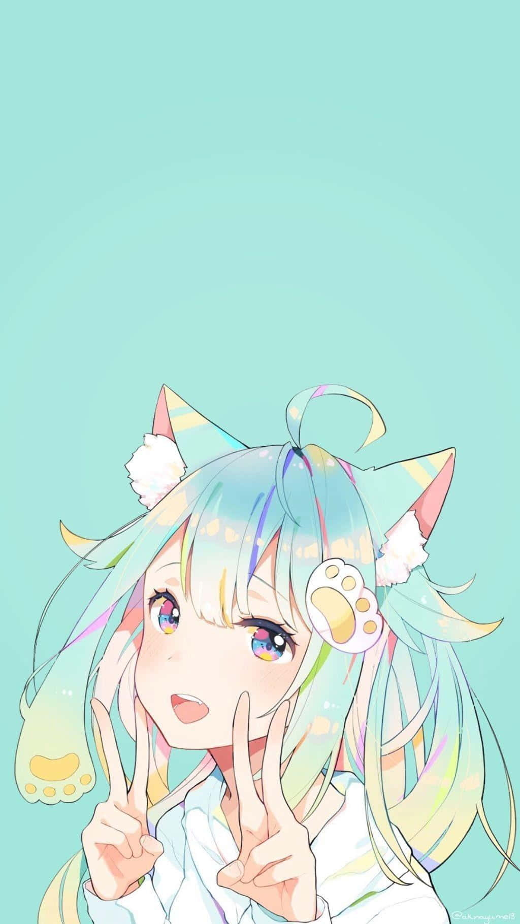 Colorful Anime Neko Girl Peace Sign Wallpaper