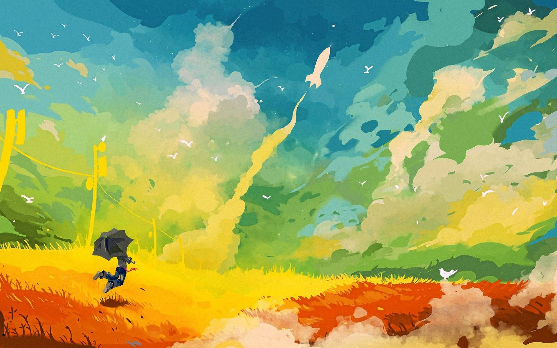 Colorful art with a man holding an umbrella and jumping happily while looking at yellow clouds.
