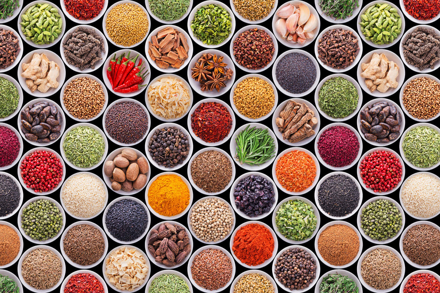 Colorful Assorted Spices On Circle Saucers Wallpaper