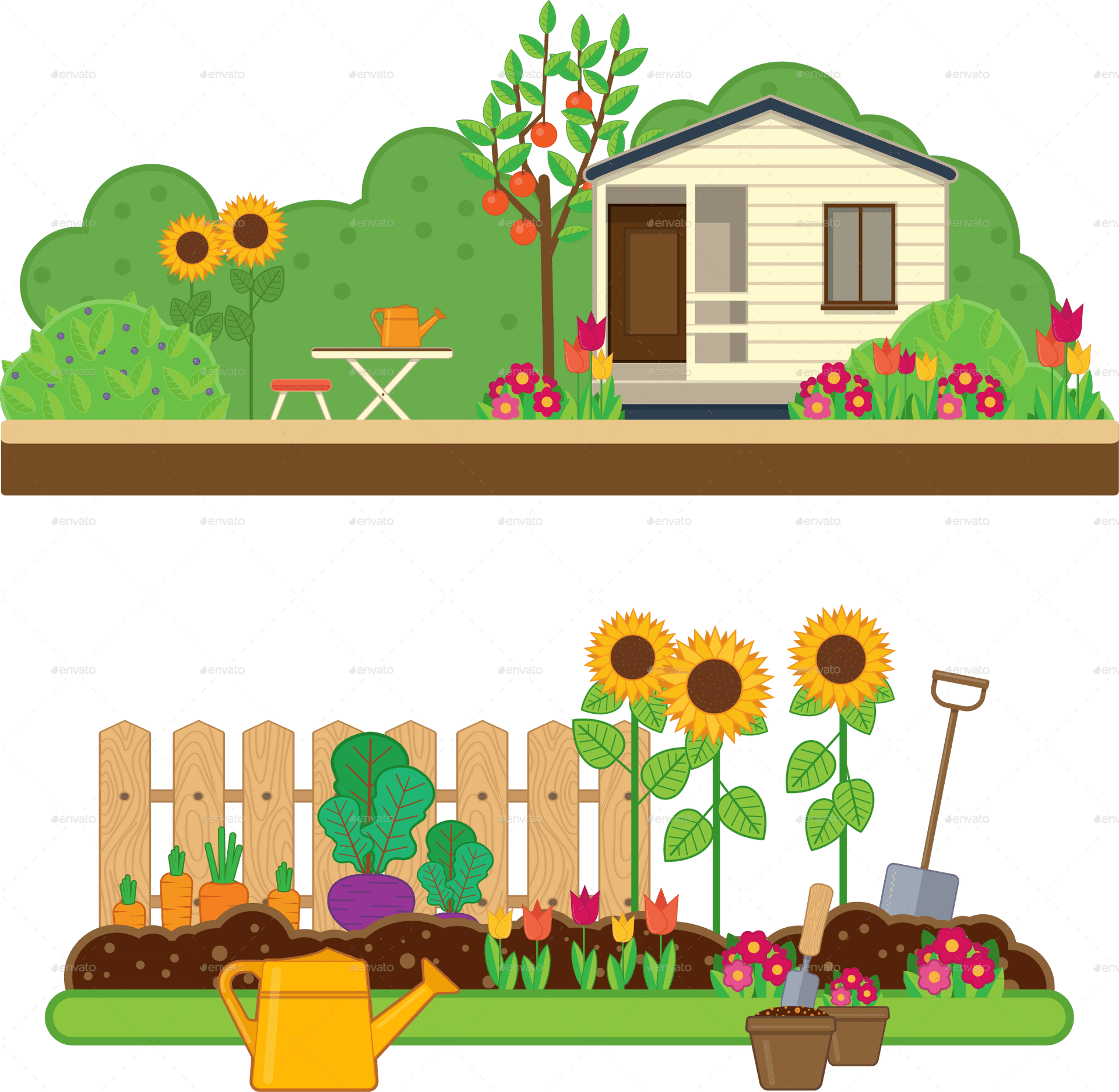 Colorful Backyard Garden Illustration PNG