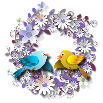 Colorful Birds Floral Wreath Vector PNG