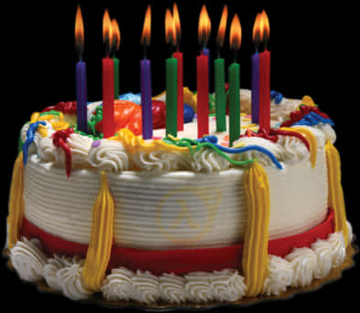 Colorful Birthday Cakewith Lit Candles PNG