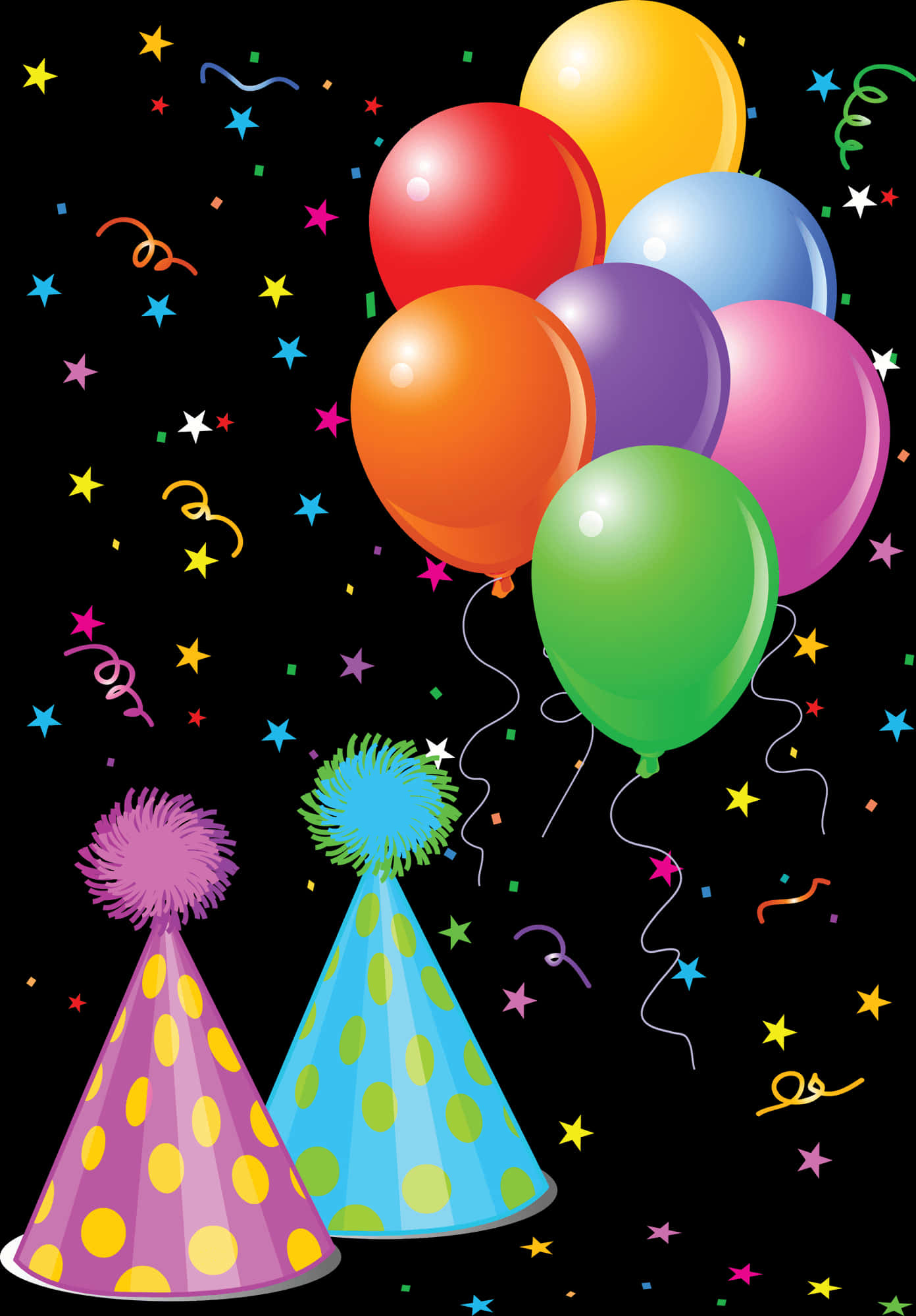 Colorful Birthday Party Hatsand Balloons PNG