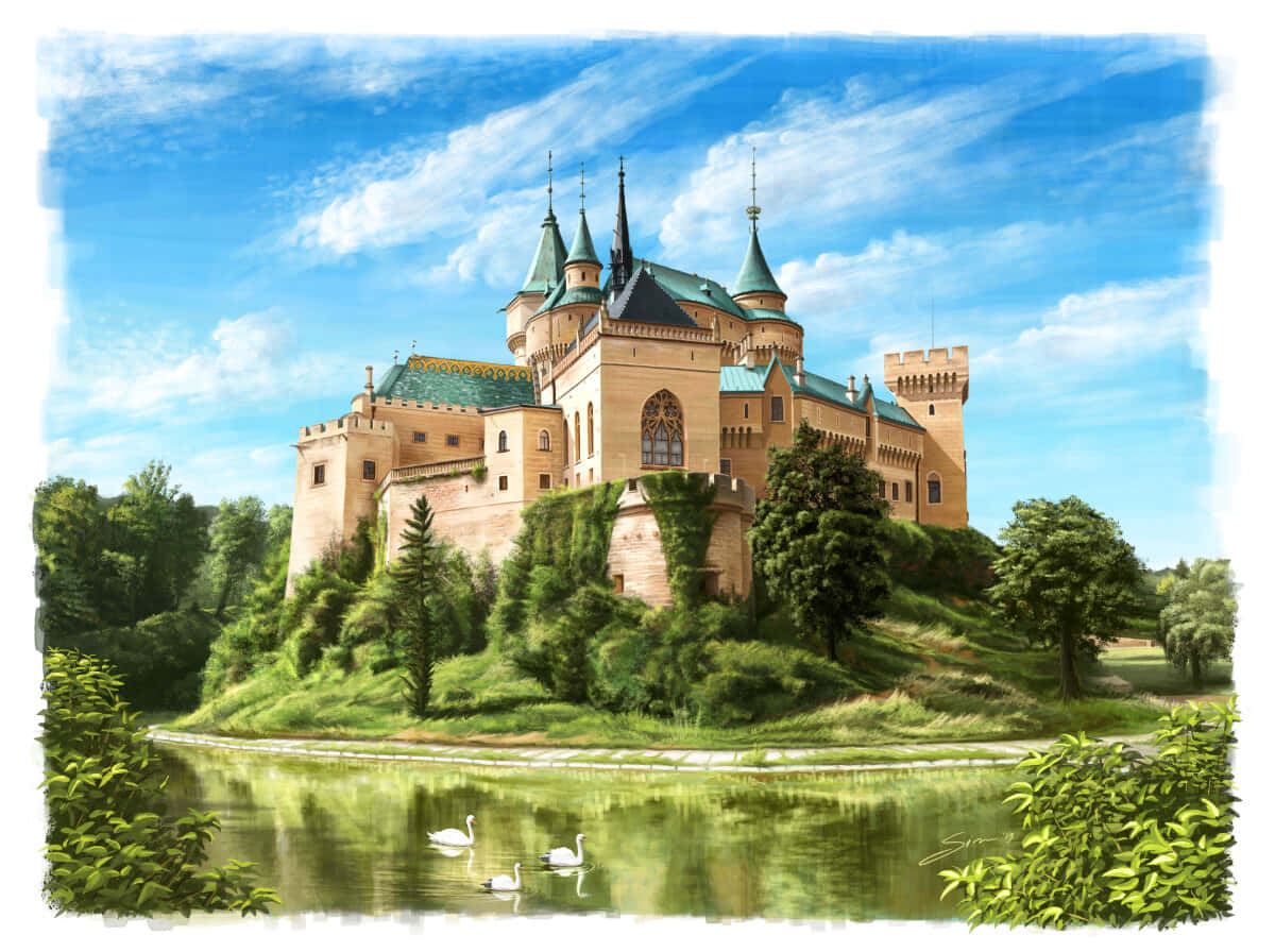 Farverig Bojnice Castle med hvid kant Wallpaper