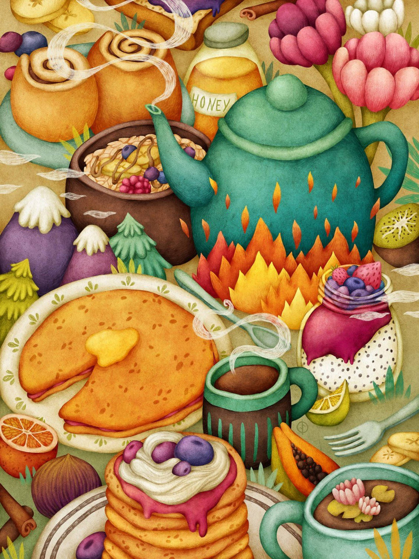 Färggladfrukostkonst. Wallpaper