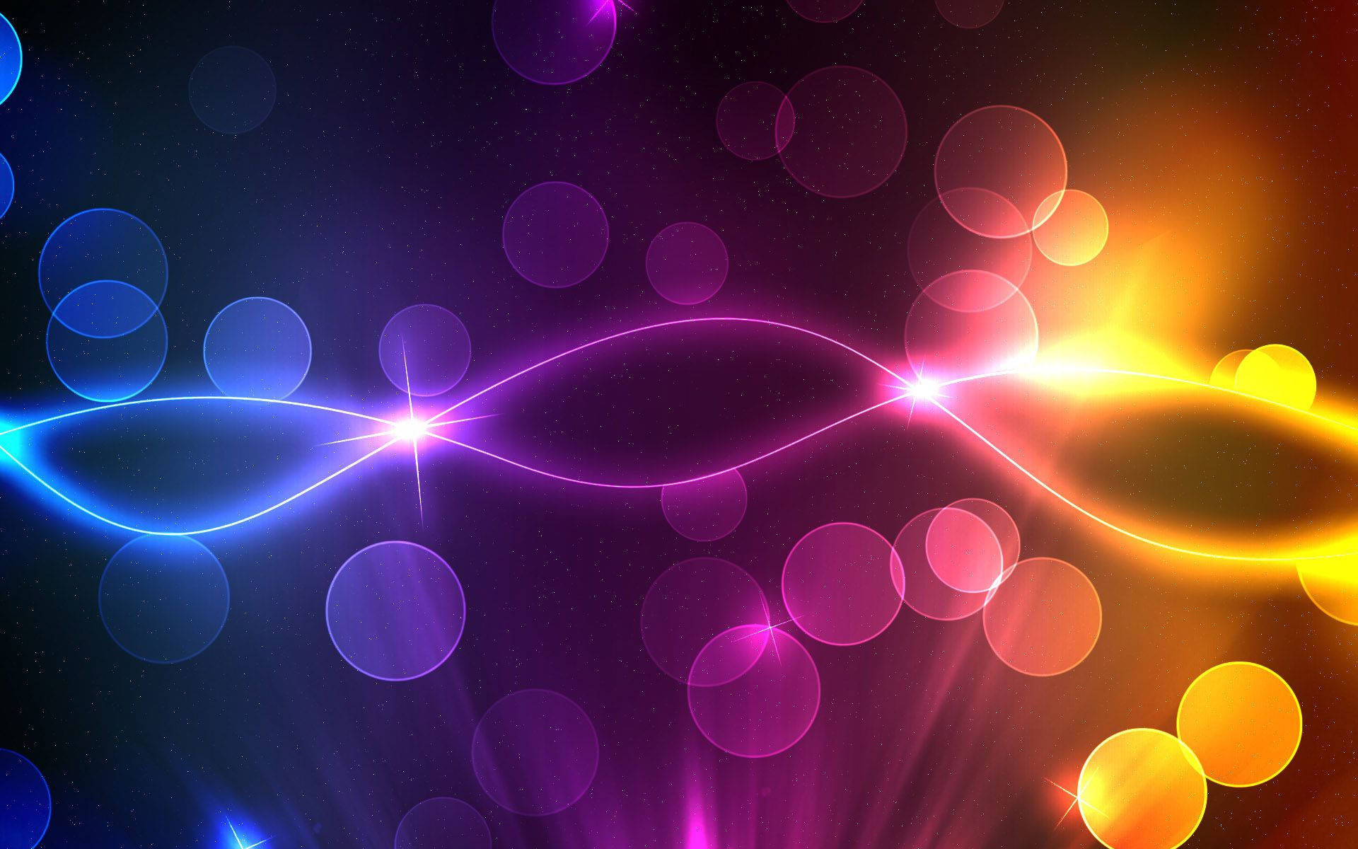 Bubble background with blue, violet and yellow lights, flowing lines and spots.