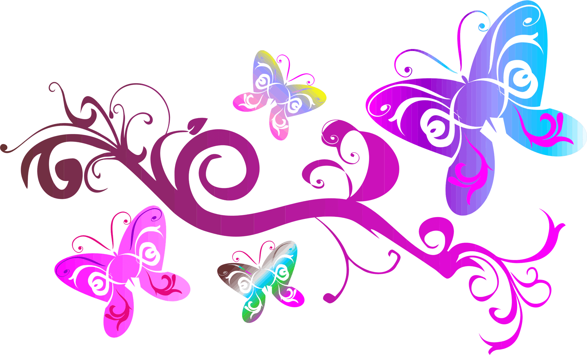 Colorful Butterfliesand Flourishes PNG