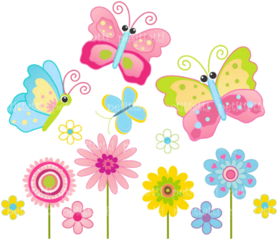 Colorful Butterfliesand Flowers Clipart PNG